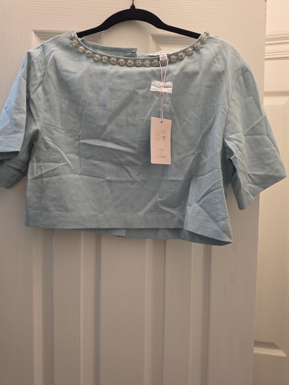 Light Blue Embellished Neck Crop Top